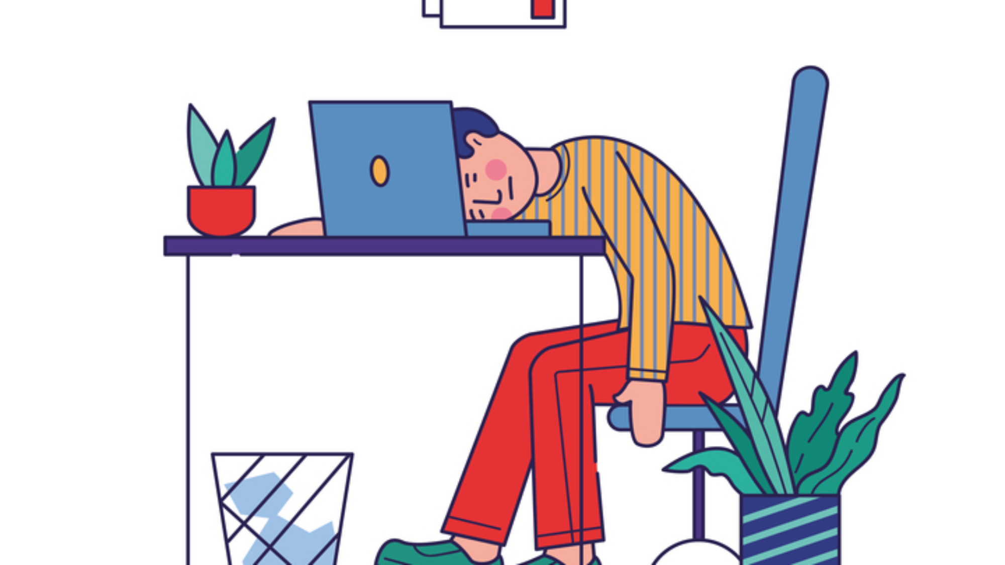 Tired employee exhausted with work. Man sleeping at workplace near laptop with low battery. Vector illustration for burnout, overload, fatigue, tiredness concept