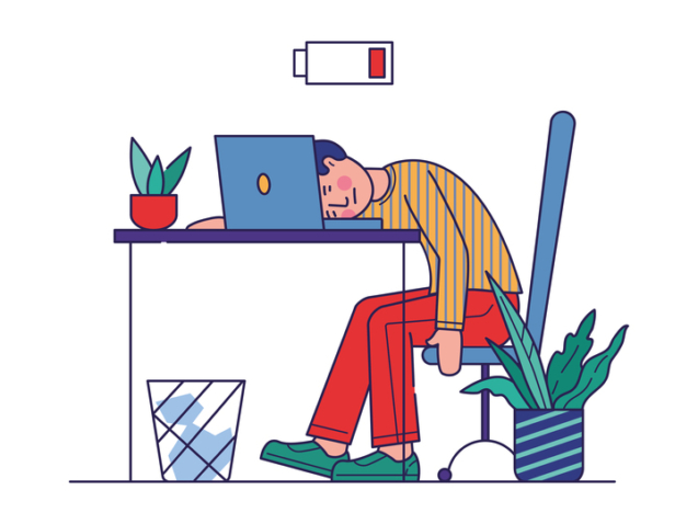 Tired employee exhausted with work. Man sleeping at workplace near laptop with low battery. Vector illustration for burnout, overload, fatigue, tiredness concept