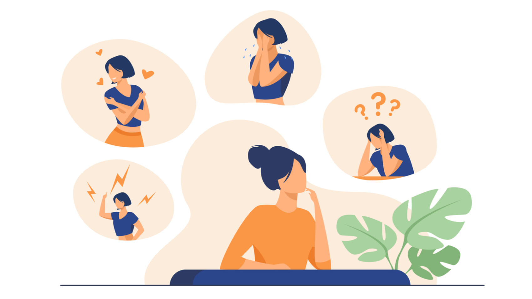 Woman expressing strong various feelings and emotions. Girl suffering from distracted behavior and mood changes. Vector illustration for mental disorder, psychology, stress, crisis concept
