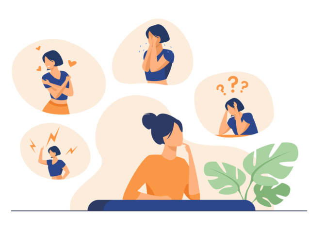 Woman expressing strong various feelings and emotions. Girl suffering from distracted behavior and mood changes. Vector illustration for mental disorder, psychology, stress, crisis concept