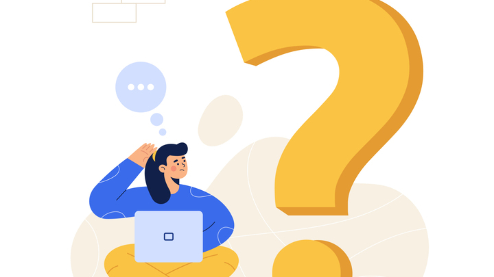 No idea, has questions, answers, search engines, internet, has answers, everything, confused, computers, laptops, people, career, occupation, happy, leisure, lifestyle, character, person, woman, female, pose, acting, posture, gesture, vector, illustration, flat, design, cartoon, clipart, drawin