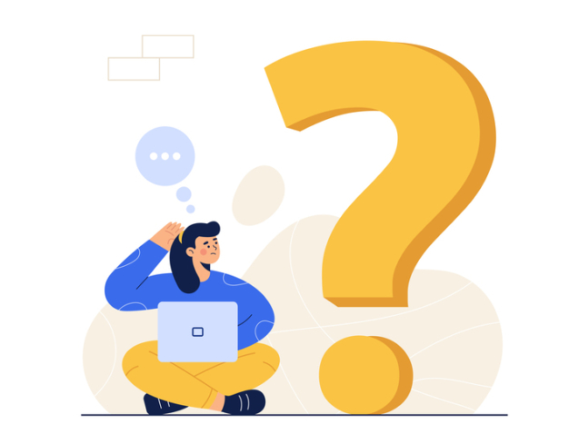 No idea, has questions, answers, search engines, internet, has answers, everything, confused, computers, laptops, people, career, occupation, happy, leisure, lifestyle, character, person, woman, female, pose, acting, posture, gesture, vector, illustration, flat, design, cartoon, clipart, drawin