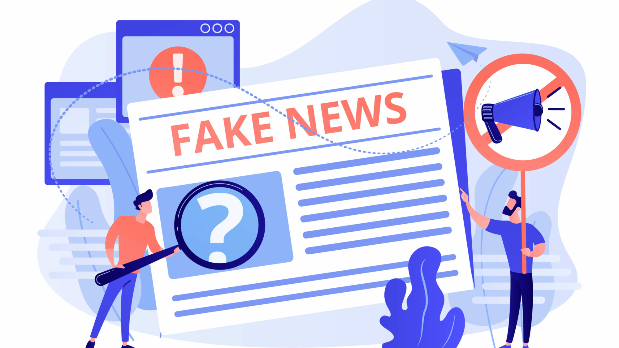 False information broadcasting. Press, newspaper journalists, editors. Fake news, junk news content, disinformation in media concept. Pink coral blue vector isolated illustration