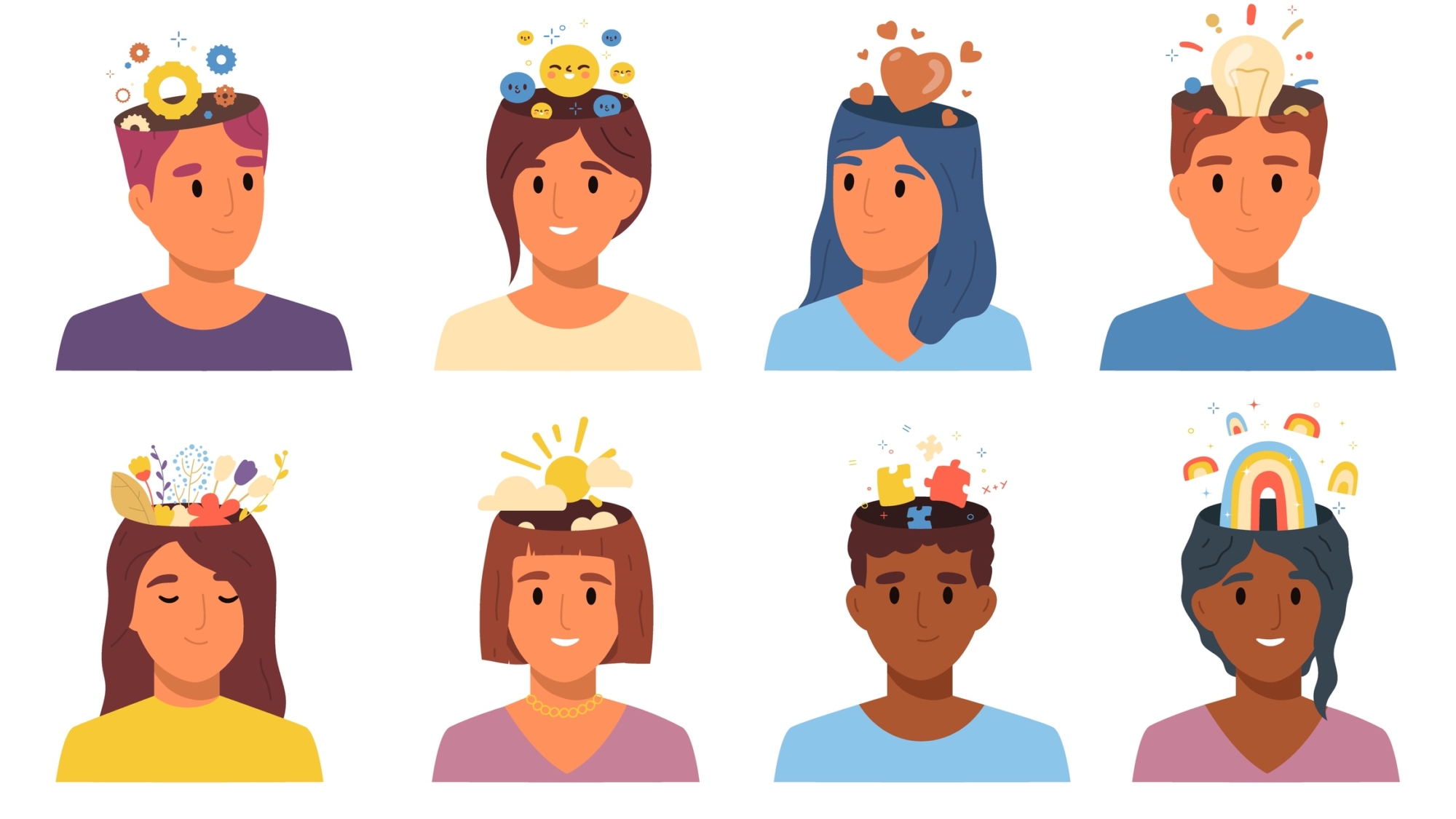 People thinking types flat icon set different kinds of thoughts in head depicted abstractly as figures above peoples heads vector illustration SSUCv3H4sIAAAAAAACA01RTWvDMAz9K8LnbN3YLbcxythgUDbYpeyg2Eoi6trBVrKVkv8+Of2gN3086T3pHU2Dma2pj4a9H7MkFI7B1I+VIccSE6M39cNcmSwoY6asWM0sCnXaXfLLku2x1E1tNhQHT0aHxkbTD86WvMdAccxmri6wtxvKvHrxPNw9J7mOfZNVAWb+qQx2FOyhUCt3Ik+4KNlqa/crlPZnWRM7iqcQR8clNFO06LX/VGQrX9yXapdw6NkmniiV3FG26SodpOew49CBHAbK0HoUYBsDZBJw3LaUKAgoxGWIreLj2PWSgQP0hA4cDWyFHGBTTrTiD4C6iLsx6UJs4kQwLGR5mcgwLffCrRH3sFYXsFFF680XYHDwScFRKjzvm1doY9pjeZn8lY+a6vza0668sj0WctJwuJgSd+rvPM//lzvukf0BAAA=