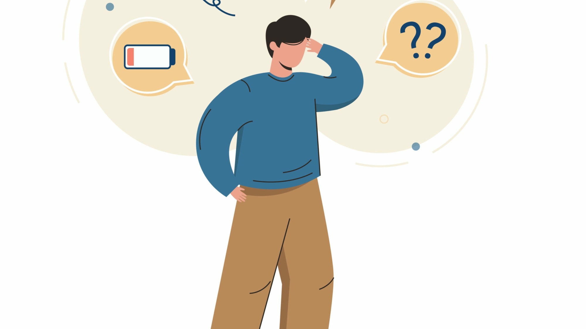 Flat young man with symptoms of depression disorder overhead. Tired exhausted character suffering anxiety, exhaustion, confusion or burnout syndrome. Adult with problems and low level of energy.