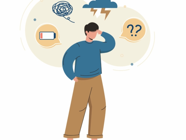 Flat young man with symptoms of depression disorder overhead. Tired exhausted character suffering anxiety, exhaustion, confusion or burnout syndrome. Adult with problems and low level of energy.